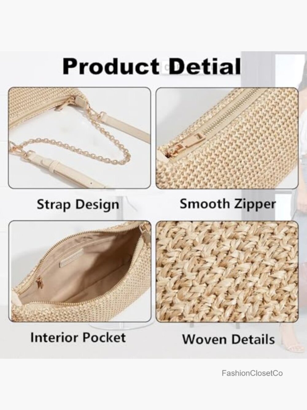 Straw Shoulder Bag with Cherry Pendant, Woven Crossbody Purse with Zipper - Picture 4 of 6